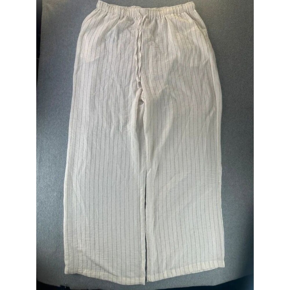 Linen Blend Wide Leg Pinstripe Pants Womens XL Elastic Waist Side Pockets